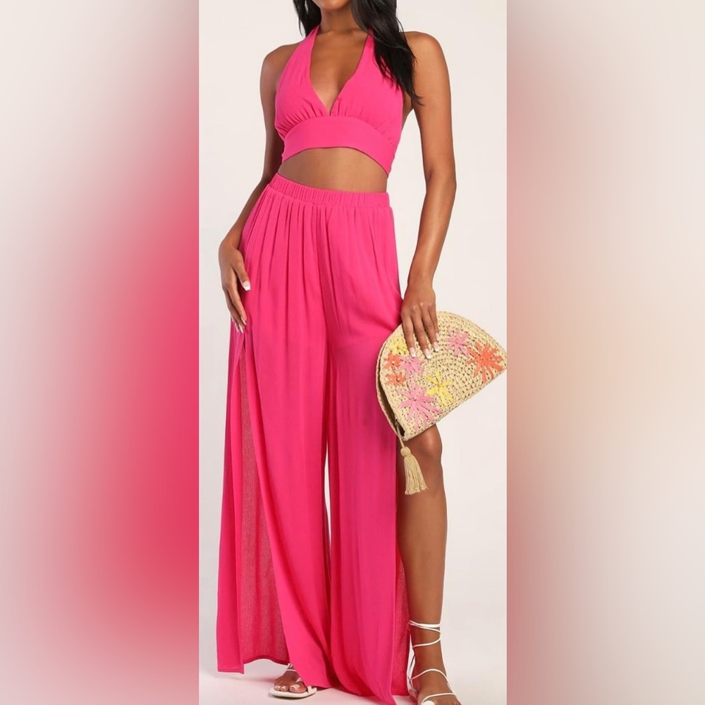 NWT two piece hot pink crop top and pant matching set
